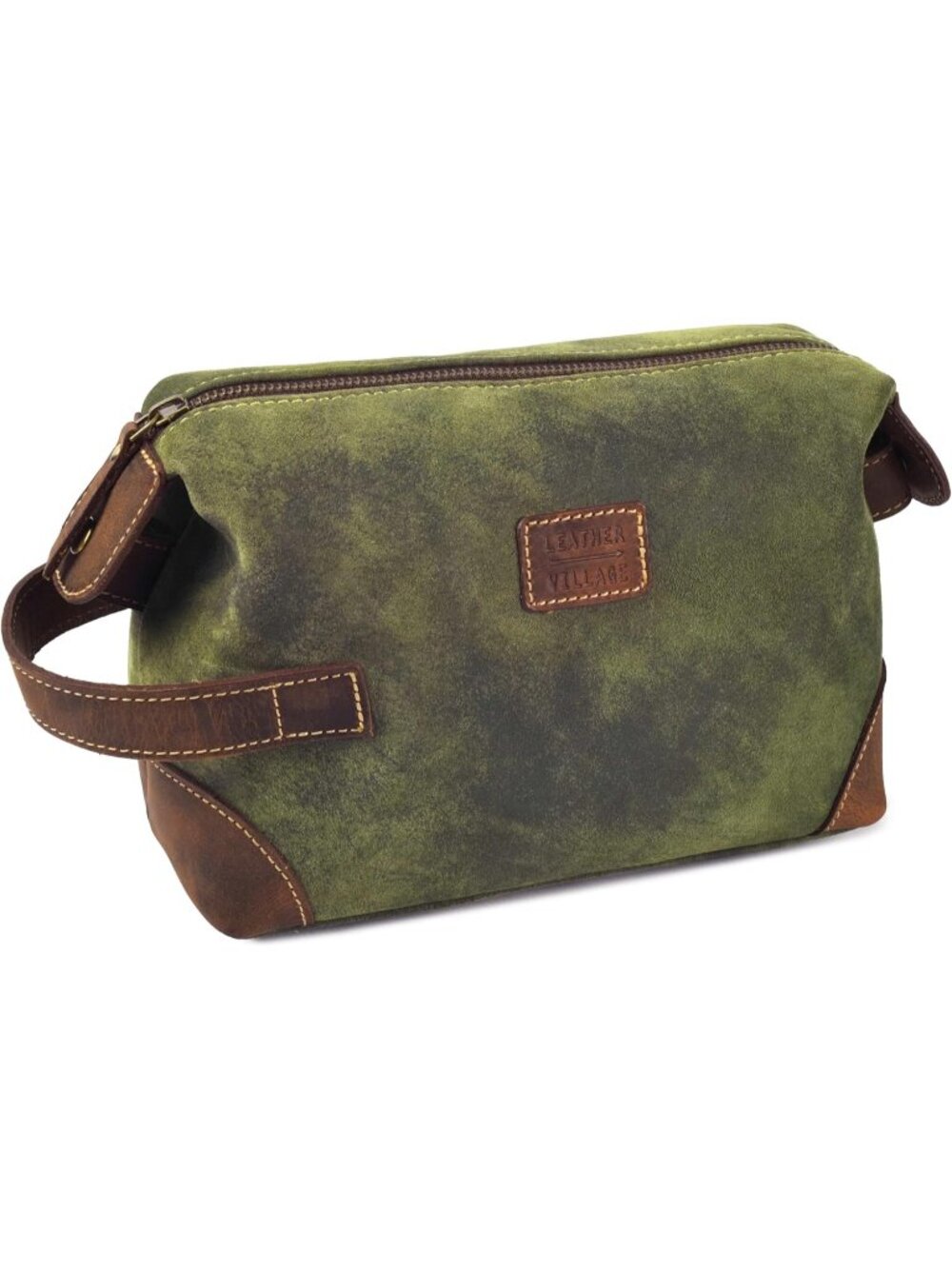 Men's Green Genuine Leather Travel Vintage Toiletry Bag with Waterproof Lining